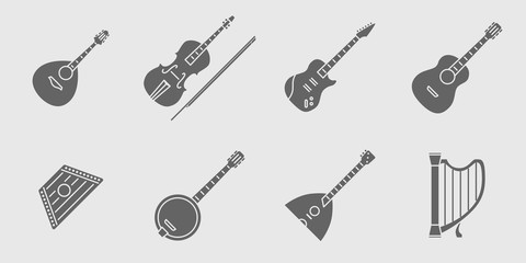 String Music instruments Icons set - Vector solid silhouettes for the site or interface