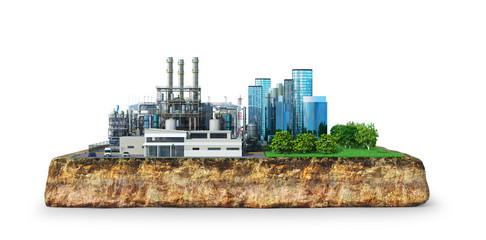 Factory. The concept of global disaster. Earth with geological soil cross section, 3D illustration