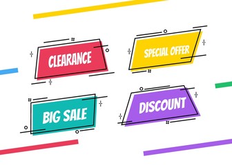 Wall Mural - 	 Flat linear promotion ribbon banner, scroll, price tag, sticker, badge, poster. Vector illustration