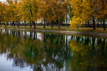 Wall Mural - Autumn forest lake reflection landscape. Autumn pond. Beautiful fall nature.