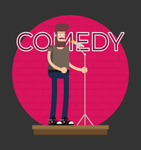 Comedian Doing Stand Up. Flat Vector.