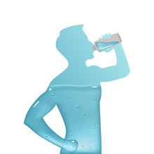Vector Silhouette Of A Man Is Filled With Clear Water On A White Background. Aqua Balance In Human Body. Healthy Lifestyle