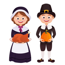 Thanksgiving Character In Pilgrims Costume Holding Turkey And Pumpkin Isolated On White 