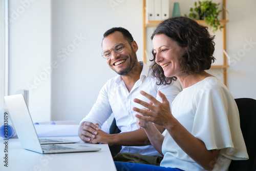 Cuadros en Lienzo Cheerful colleagues using laptop for video call