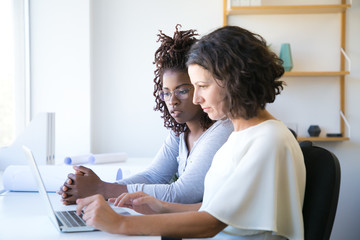 Wall Mural - Female colleagues working on laptop together. Two diverse women using computer in office. Consulting concept