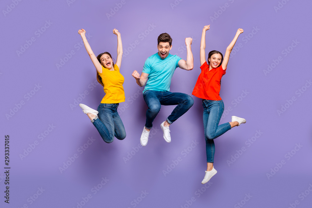 Full length size body photo of three funny funky ecstatic excited delightful buddies having fun on weekend isolated violet background - obrazy, fototapety, plakaty 