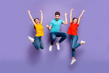 full length size body photo of three funny funky ecstatic excited delightful buddies having fun on w