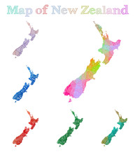 Hand-drawn Map Of New Zealand. Colorful Country Shape. Sketchy New Zealand Maps Collection. Vector Illustration.