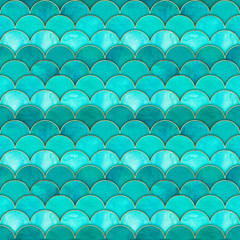 Wall Mural - Mermaid fish scale wave japanese seamless pattern