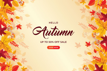 Autumn background with flat leaves. Seasonal lettering.web banner template.vector illustration