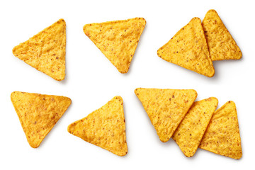 Set of delicious mexican nachos chips, isolated on white background