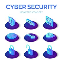 Cyber Sequrity Icons Set. 3D Isometric Data Protection Icons. Personal Data Protection. Authorization Form, Password, Sequrity Shield, Key, Lock, Fingerprint, Vpn Vector Illustration.