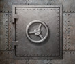 Bank vault or undeground shelter door on steam punk metal background 3d illustration