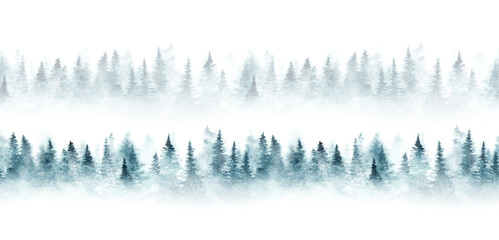 Wall Mural - seamless pattern with foggy spruce forest. fir trees isolated on white background.