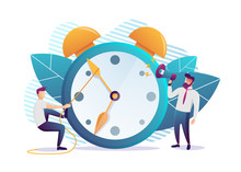 Concept Of Working Time Management, Quick Response To Awakening, Transfer Of Time Back. Flat Style. Vector Illustration