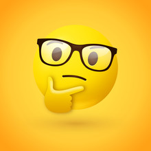 Clever Or Nerdy Thinking Face Emoji - Emoticon Face Wearing Glasses Shown With A Single Finger And Thumb Resting On The Chin Glancing Upward On Yellow Background