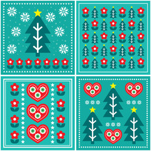Christmas Folk Art Vector Pattern Set, Design Collection With Christmas Tree, Flowers, Hearts In Red And  Turquoise Green - Scandinavian Greeting Card
