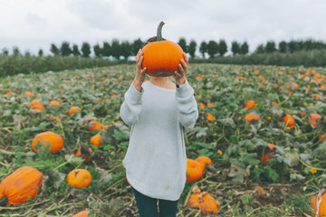 a beautiful woman in a pumpkin patch in fall.