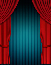 Red Curtain On Blue Vintage Background. Design For Presentation, Concert, Show