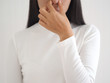 bad smell in nose in asian woman and cause of nasal polyps or sinus infection and post nasal drip on white background use for health care concept.