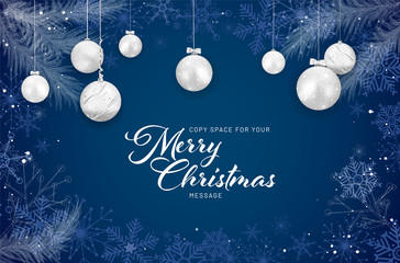 christmas card with christmas balls on blue background