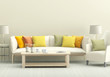 Light living room with bright cushions, 3d render