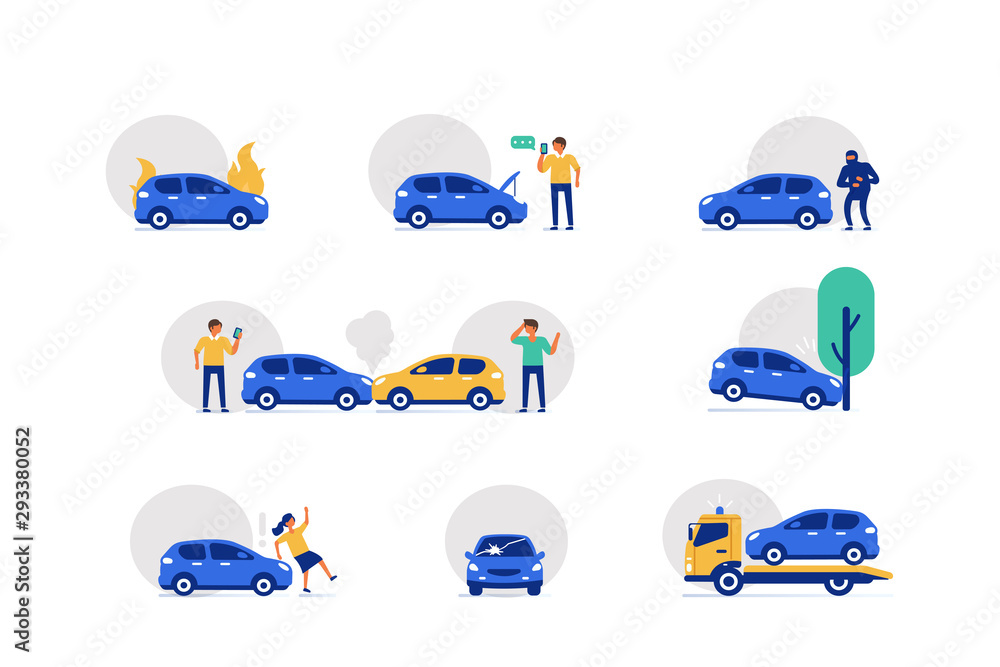 Car Crash Accident on the Road Icons Set.  Drivers standing near Damaged Vehicles. Automobile with Broken Windshield. Different Auto Collision Scenes. Flat Cartoon Vector Illustration. - obrazy, fototapety, plakaty 