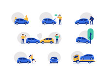 Car Crash Accident On The Road Icons Set.  Drivers Standing Near Damaged Vehicles. Automobile With Broken Windshield. Different Auto Collision Scenes. Flat Cartoon Vector Illustration.