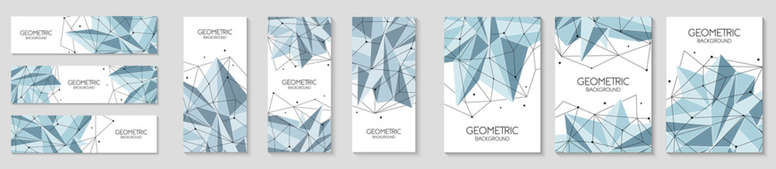 Polygonal abstract futuristic template collection, low poly sign. Vector lines, dots and triangle shapes, connecting network. Horizontal banners, cover layout, social media design.