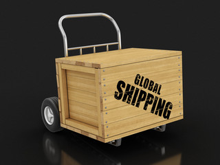 Sticker - Wooden crate with Global shipping on Hand Truck. Image with clipping path