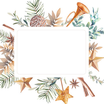 Watercolor winter frame. Hand drawn botanical and decorative elements combination. Branches with berries, spruce, holly, stars, spices in vintage style