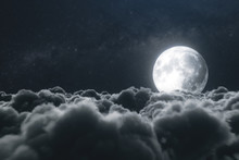 Beautiful Realistic Flight Over Cumulus Lush Clouds In The Night Moonlight. A Large Full Moon Shines Brightly On A Deep Starry Night. Cinematic Scene. 3d Illustration