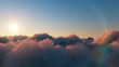 Beautiful realistic flight over cumulus lush clouds at sunset. 3d illustration
