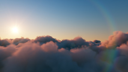Wall Mural - beautiful realistic flight over cumulus lush clouds at sunset. 3d illustration