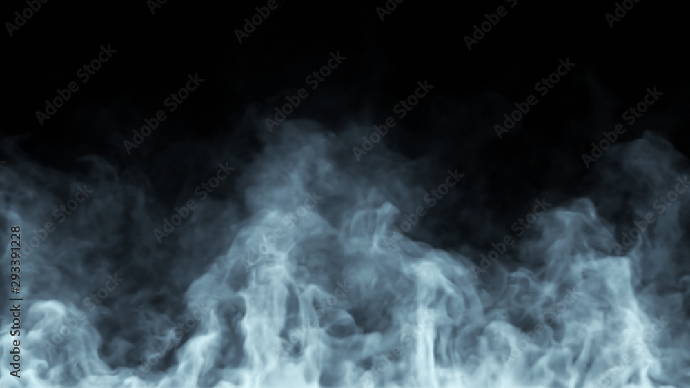 White steam spins and rises from below. White line smoke rises from a large pot, which is located behind the frame. Isolated 3d illustration black background. - obrazy, fototapety, plakaty 