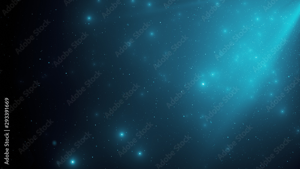 Abstract background of sparkling floating blue dust particles and rays ...