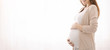 Pregnant woman caressing her belly, white panorama background