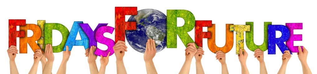 activist people holding up colorful wooden letter forming words fridays for future and earth globe isolated white background. climate change global warming renewable energy concept