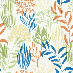 Coral reef seamless pattern., Tropical coral reef bush silhouette elements.