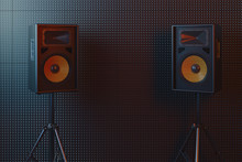 Music Loudspeakers Near Wall With Soundproof Coverage For A Recording Studio. Sound Barrier And Absorbing. 3d Rendering