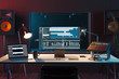 © ekostsov - Studio Computer Music Station set up. Professional audio mixing console. 3d rendering.