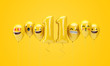 Number 11 yellow birthday emoji faces balloons. 3D Render