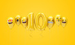 Number 10 yellow birthday emoji faces balloons. 3D Render