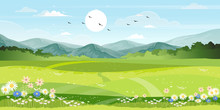 Panorama View Of Spring Village With Green Meadow On Hills With Blue Sky, Vector Cartoon Spring Or Summer Landscape, Panoramic Countryside Landscape Mountains With Wild Flowers Fields