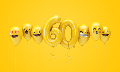 Wall Mural - Number 60 yellow birthday emoji faces balloons. 3D Render