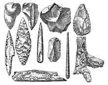 Vintage Engraving Set Of Prehistoric Stone Items