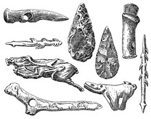 Vintage Engraving Set Of Prehistoric Stone And Bone Items
