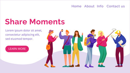 Wall Mural - Share moments landing page vector template. Blogging website interface idea with flat illustrations. Making selfie homepage layout. Teenager culture web banner, webpage cartoon concept