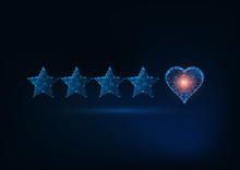 Best Quality Excellent Customer Service Concept. Futuristic Glowing Low Poly Five Stars And Heart