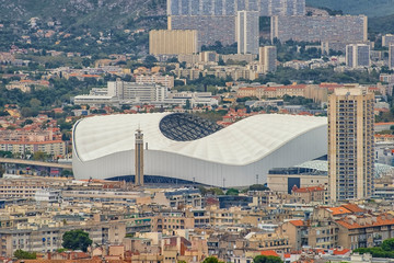 Poster - Aerial view of Marseille city and the Orange Velodrome stadium, France